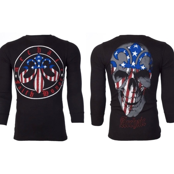 Affliction Other - Archaic by Affliction Men's Thermal Shirt BORN PATRIOT Skull Biker Black